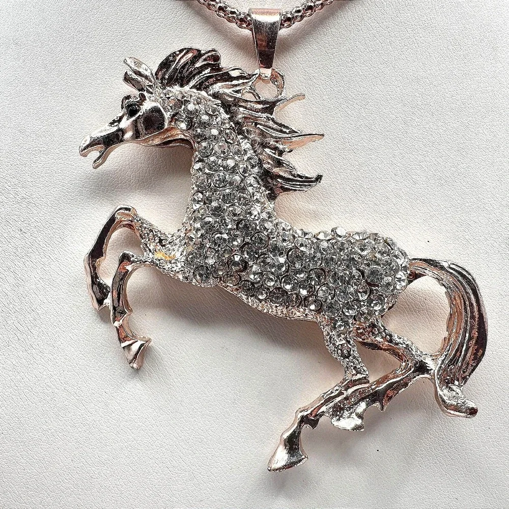 Vintage 90s Betsey Johnson Unicorn Necklace Rose Gold Tone Glass Pendant Jewelry